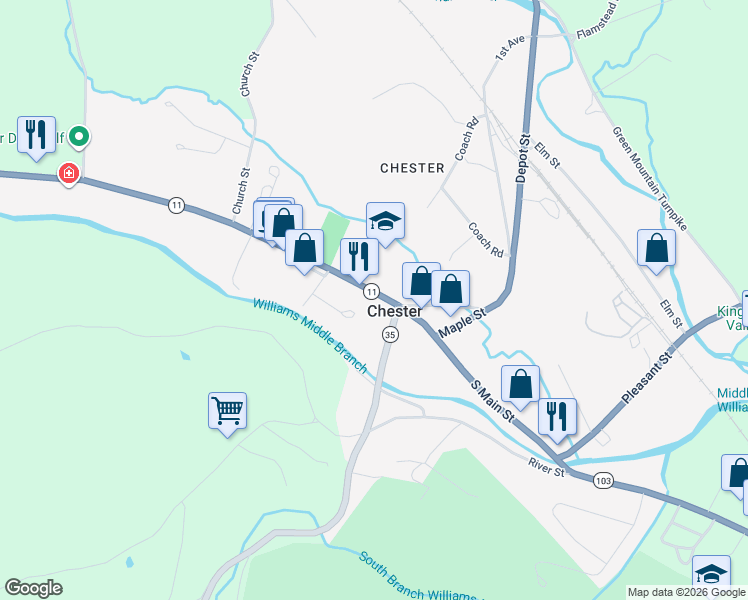 map of restaurants, bars, coffee shops, grocery stores, and more near 53 Main Street in Chester