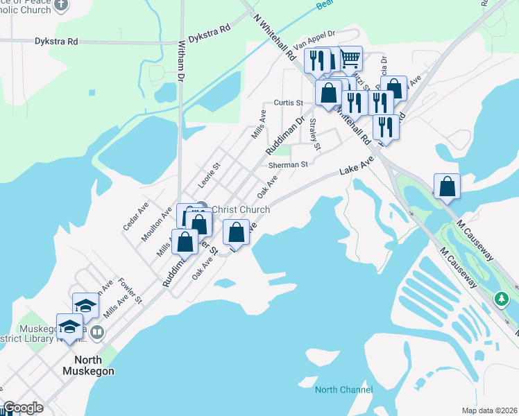 map of restaurants, bars, coffee shops, grocery stores, and more near 2022 Lake Avenue in Muskegon