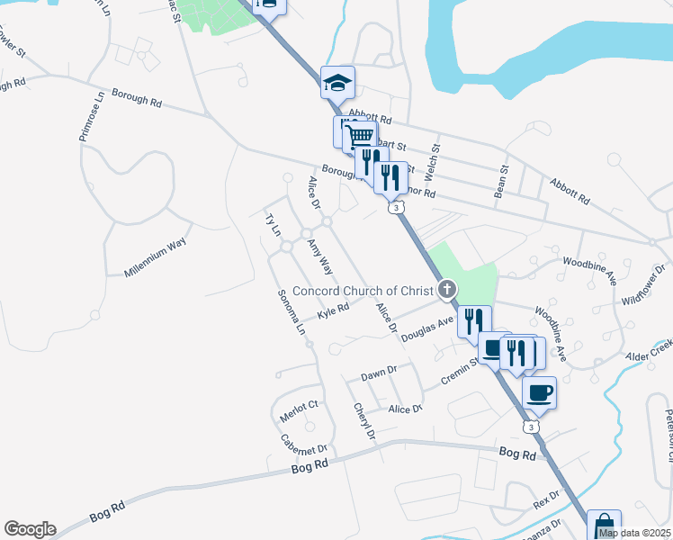 map of restaurants, bars, coffee shops, grocery stores, and more near 9 Amy Way in Concord