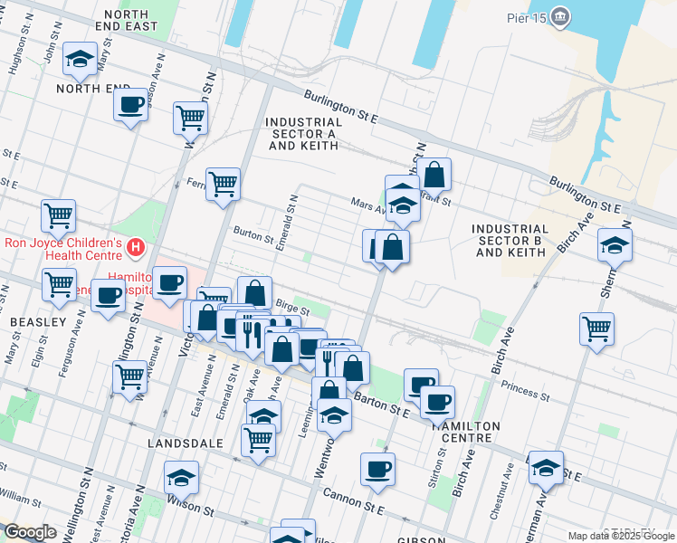 map of restaurants, bars, coffee shops, grocery stores, and more near 95 Cheever Street in Hamilton
