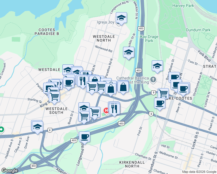 map of restaurants, bars, coffee shops, grocery stores, and more near 127 Glen Road in Hamilton