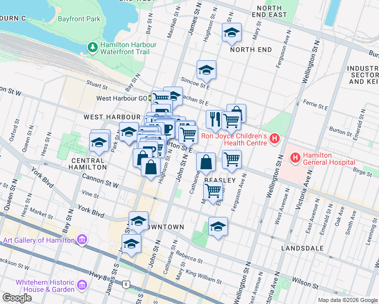 map of restaurants, bars, coffee shops, grocery stores, and more near 66 Barton Street East in Hamilton