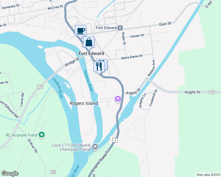 map of restaurants, bars, coffee shops, grocery stores, and more near 12 Montgomery Street in Fort Edward