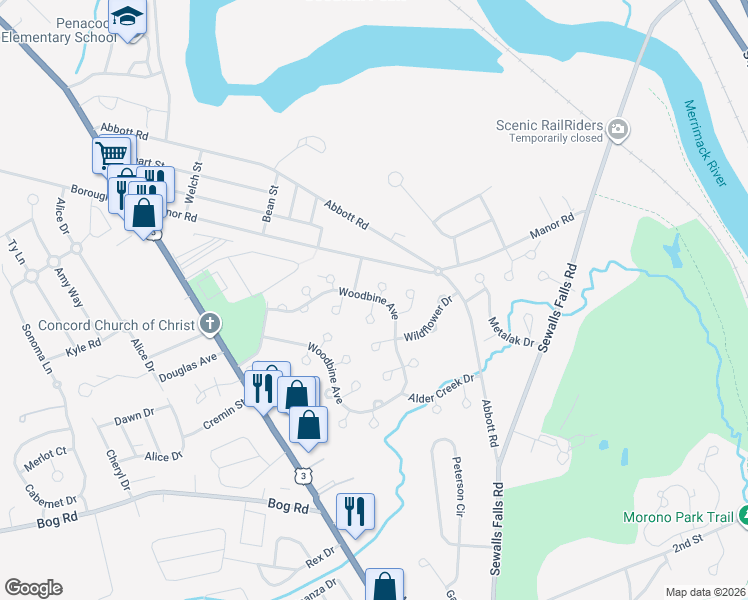 map of restaurants, bars, coffee shops, grocery stores, and more near 51 Woodbine Avenue in Concord