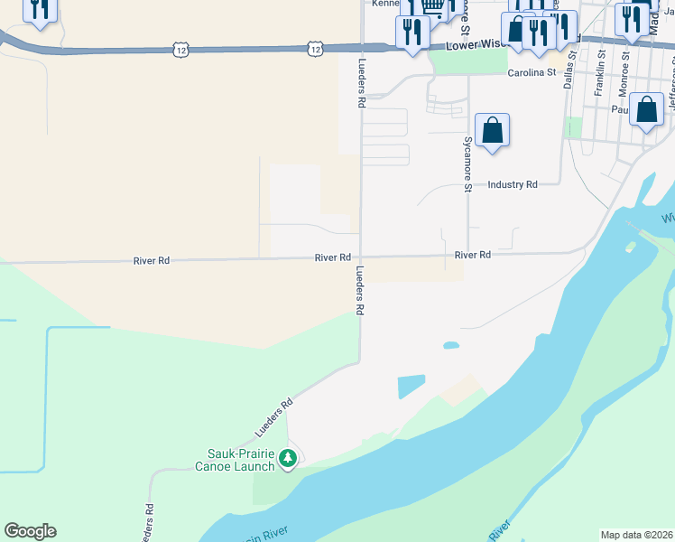 map of restaurants, bars, coffee shops, grocery stores, and more near 1630 Phillips Street in Sauk City