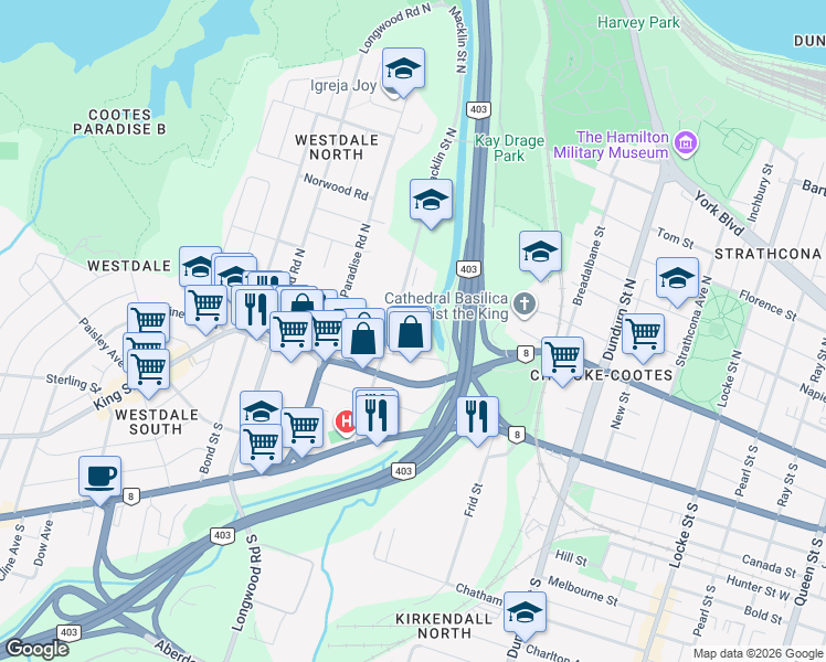 map of restaurants, bars, coffee shops, grocery stores, and more near 50 Glen Road in Hamilton