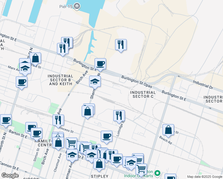 map of restaurants, bars, coffee shops, grocery stores, and more near 65 Imperial Street in Hamilton