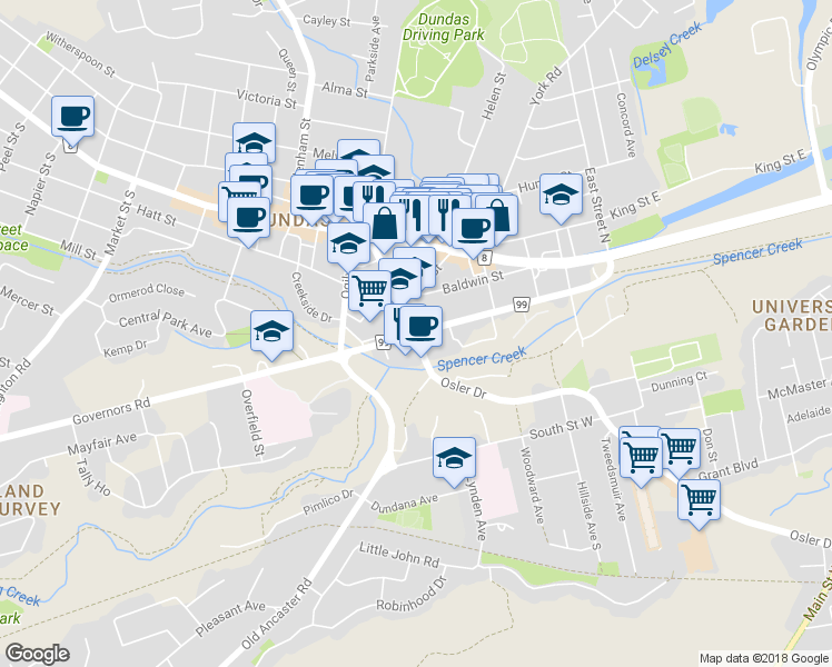 map of restaurants, bars, coffee shops, grocery stores, and more near 3 Dundas Street in Hamilton