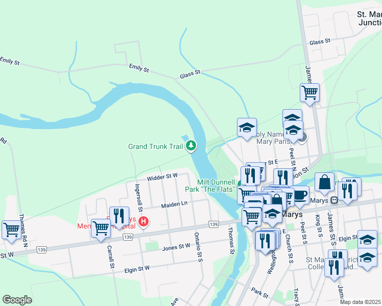 map of restaurants, bars, coffee shops, grocery stores, and more near Grand Trunk Trail in Saint Marys
