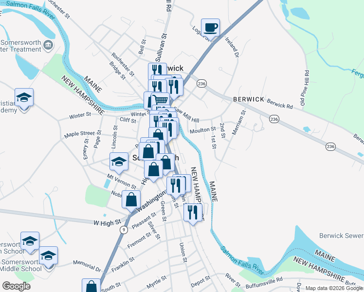 map of restaurants, bars, coffee shops, grocery stores, and more near 40 Main Street in Somersworth