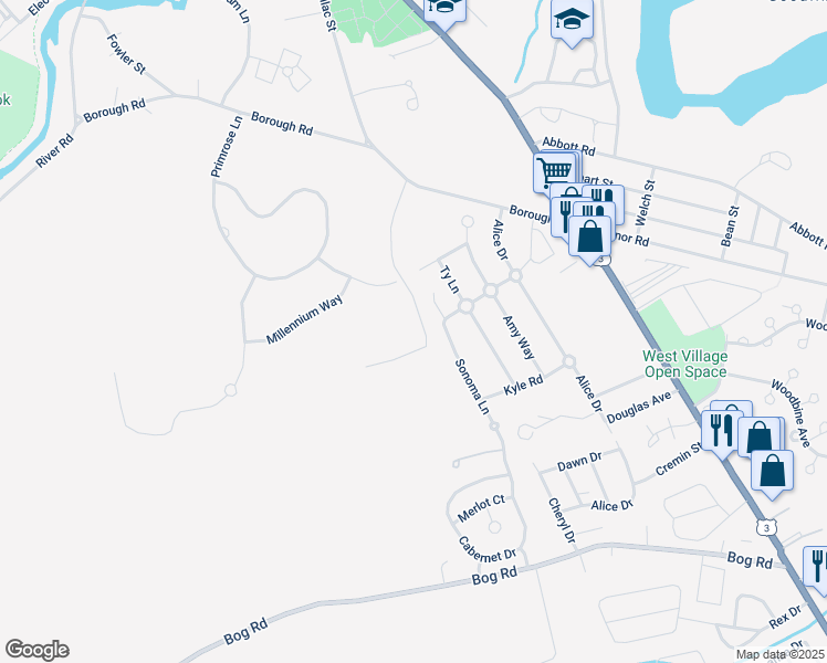 map of restaurants, bars, coffee shops, grocery stores, and more near 68 Blueberry Lane in Concord