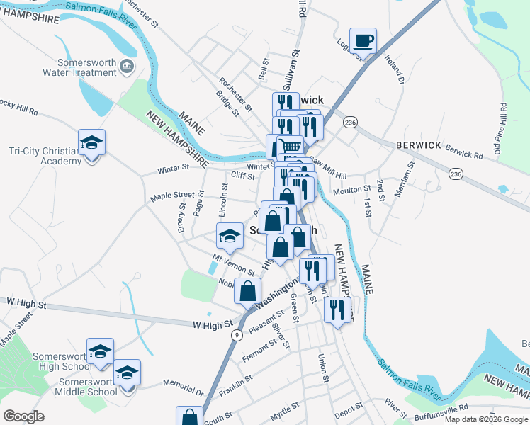 map of restaurants, bars, coffee shops, grocery stores, and more near 30 Prospect Street in Somersworth