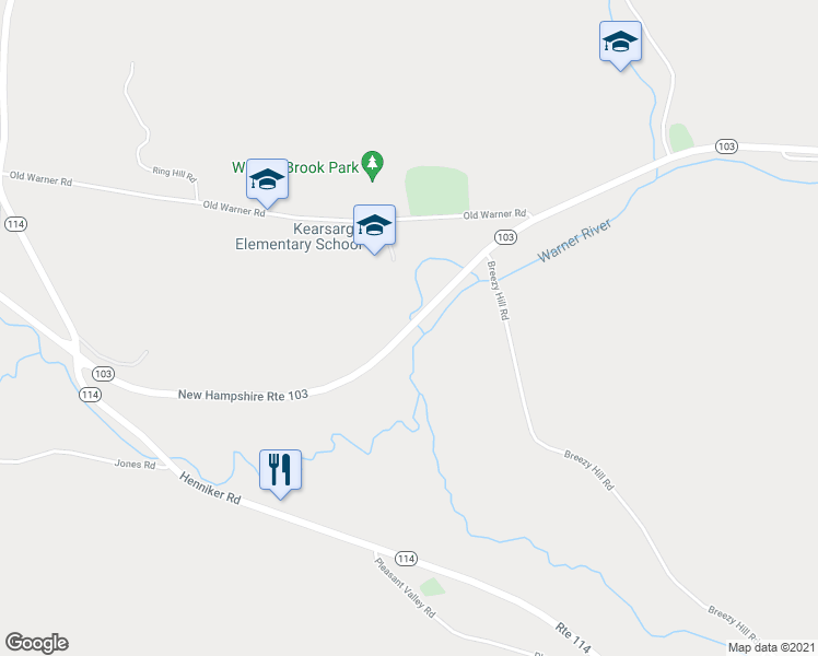 map of restaurants, bars, coffee shops, grocery stores, and more near New Hampshire 103 in Bradford