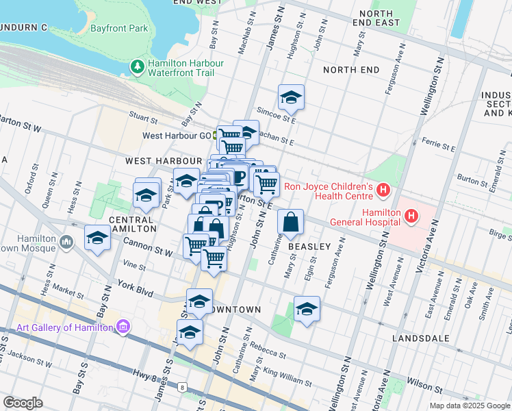 map of restaurants, bars, coffee shops, grocery stores, and more near in Hamilton