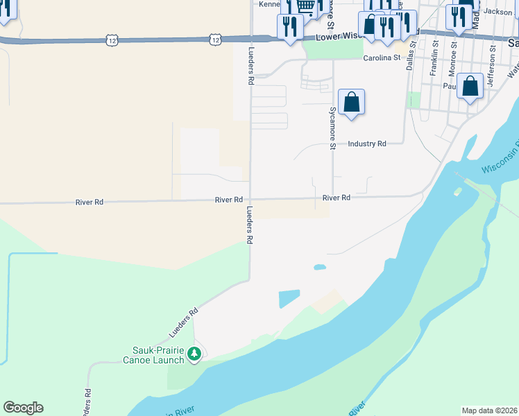 map of restaurants, bars, coffee shops, grocery stores, and more near 1630 Phillips Street in Sauk City