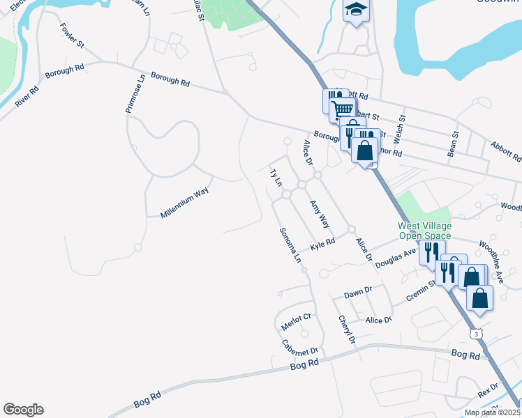 map of restaurants, bars, coffee shops, grocery stores, and more near 77 Blueberry Lane in Concord