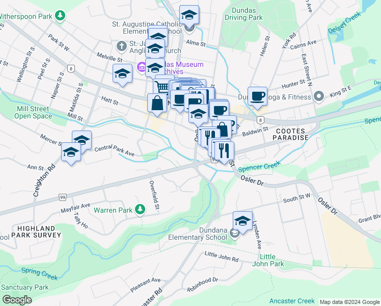 map of restaurants, bars, coffee shops, grocery stores, and more near 1000 Creekside Drive in Hamilton