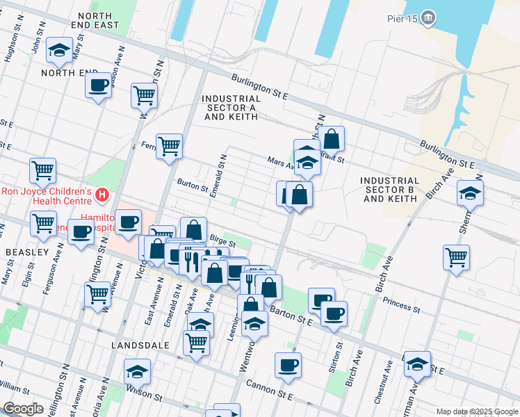 map of restaurants, bars, coffee shops, grocery stores, and more near 105 Cheever Street in Hamilton