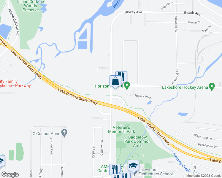 map of restaurants, bars, coffee shops, grocery stores, and more near 4929 Dewey Avenue in Rochester