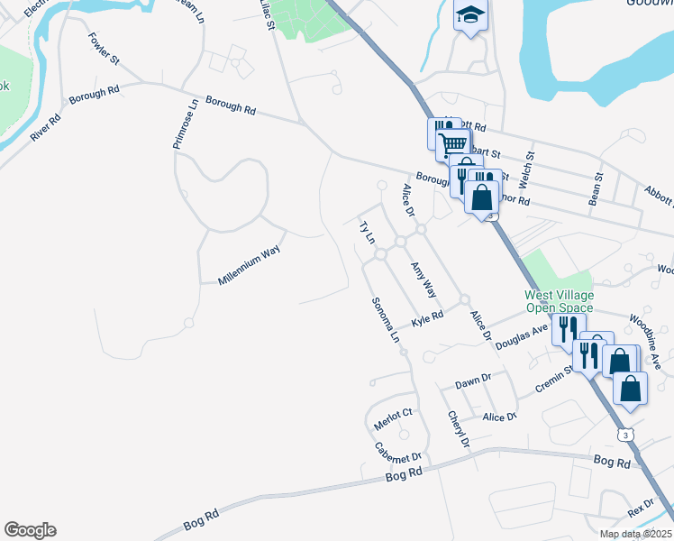 map of restaurants, bars, coffee shops, grocery stores, and more near 68 Blueberry Lane in Concord