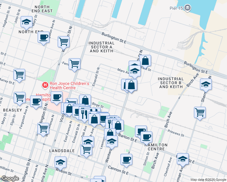 map of restaurants, bars, coffee shops, grocery stores, and more near in Hamilton