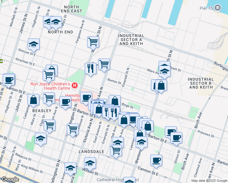 map of restaurants, bars, coffee shops, grocery stores, and more near 344 East Avenue North in Hamilton