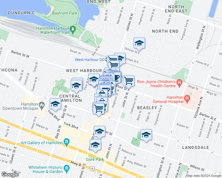 map of restaurants, bars, coffee shops, grocery stores, and more near in Hamilton