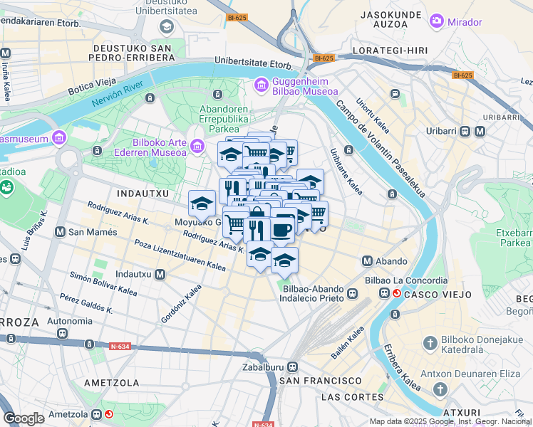 map of restaurants, bars, coffee shops, grocery stores, and more near 19 Ercilla Kalea in Bilbao