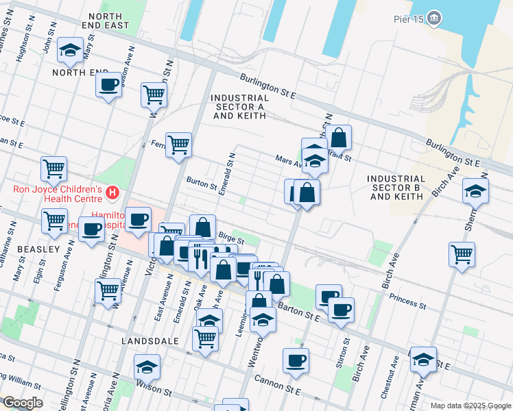 map of restaurants, bars, coffee shops, grocery stores, and more near 112 Burton Street in Hamilton