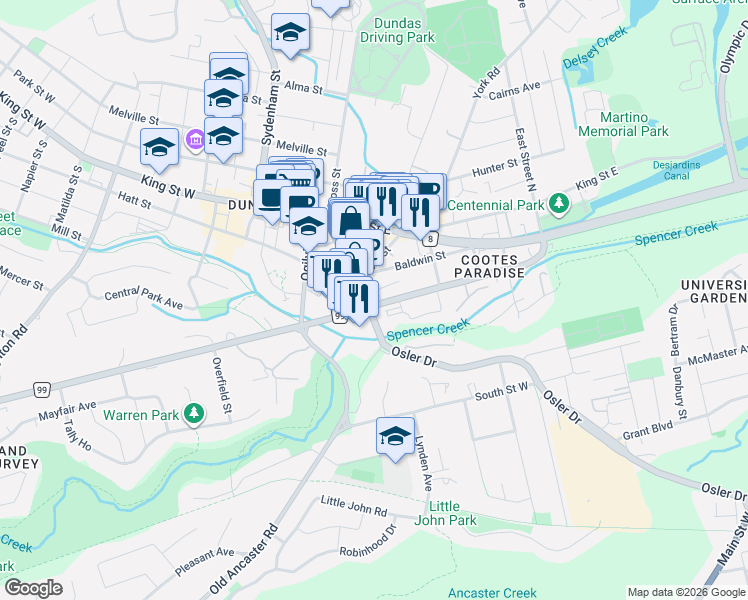 map of restaurants, bars, coffee shops, grocery stores, and more near 123 Main Street in Hamilton