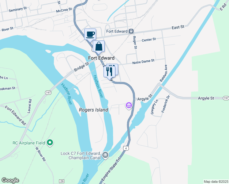 map of restaurants, bars, coffee shops, grocery stores, and more near 12 Montgomery Street in Fort Edward
