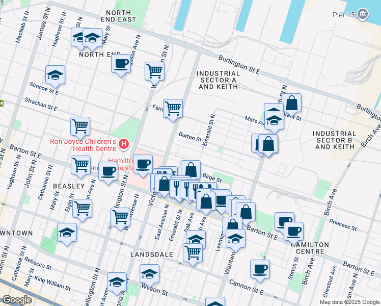 map of restaurants, bars, coffee shops, grocery stores, and more near 48 Shaw Street in Hamilton