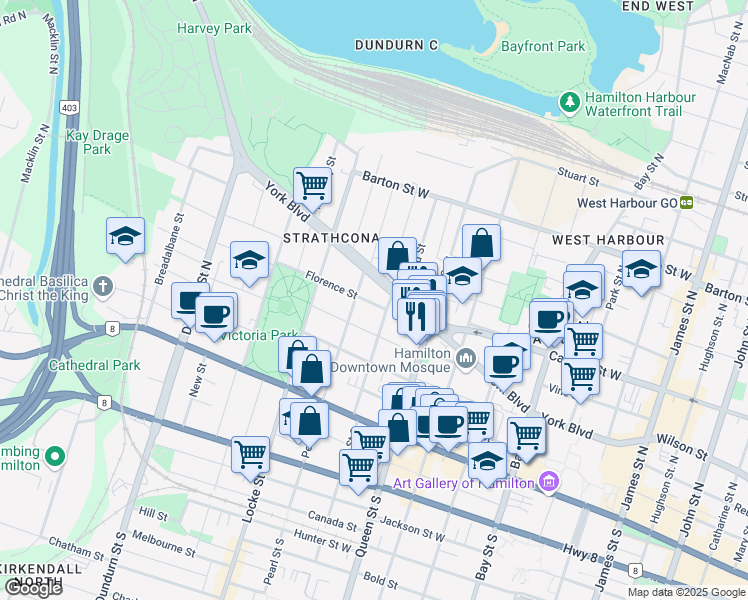 map of restaurants, bars, coffee shops, grocery stores, and more near 12 Florence Street in Hamilton
