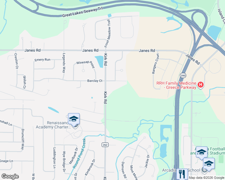 map of restaurants, bars, coffee shops, grocery stores, and more near 532 Kirk Road in Rochester