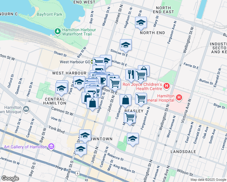 map of restaurants, bars, coffee shops, grocery stores, and more near 248 John Street North in Hamilton