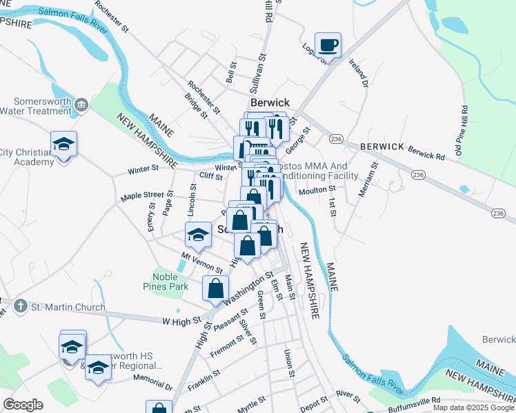 map of restaurants, bars, coffee shops, grocery stores, and more near in Somersworth