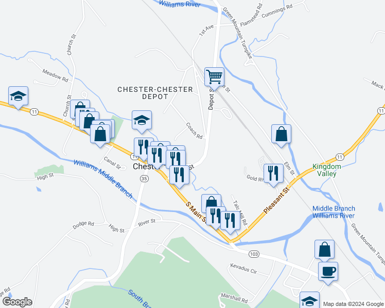map of restaurants, bars, coffee shops, grocery stores, and more near 208 Depot Street in Chester
