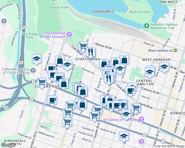 map of restaurants, bars, coffee shops, grocery stores, and more near 33 Florence Street in Hamilton