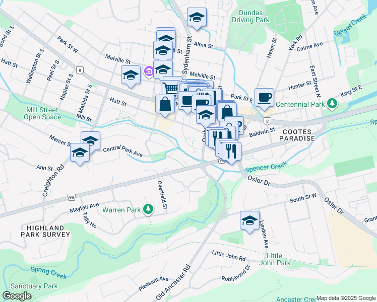 map of restaurants, bars, coffee shops, grocery stores, and more near in Hamilton