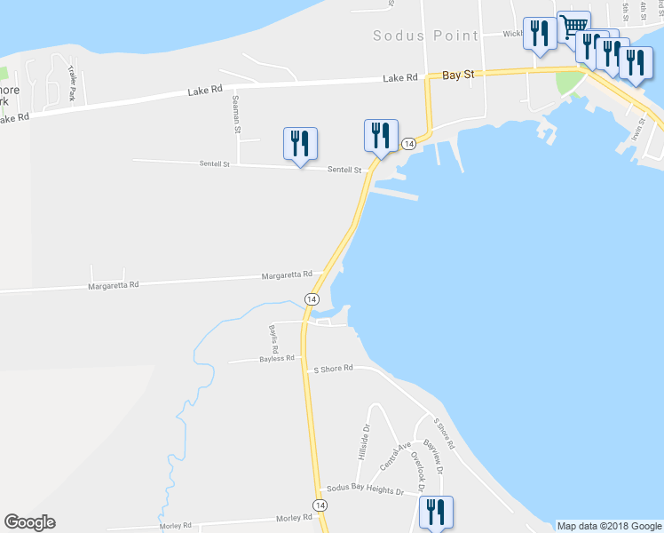 map of restaurants, bars, coffee shops, grocery stores, and more near 7310 Route 14 in Sodus Point