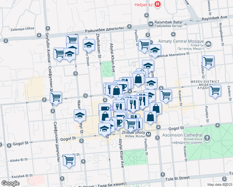 map of restaurants, bars, coffee shops, grocery stores, and more near Mukagali Makataev Street in Almaty