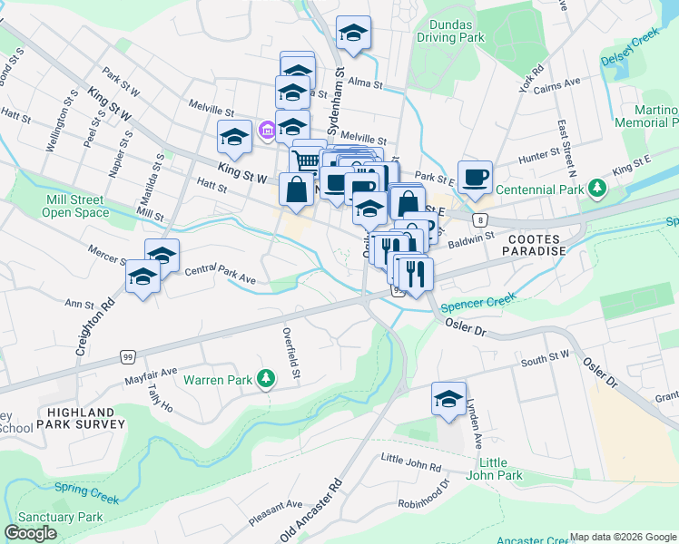 map of restaurants, bars, coffee shops, grocery stores, and more near in Hamilton