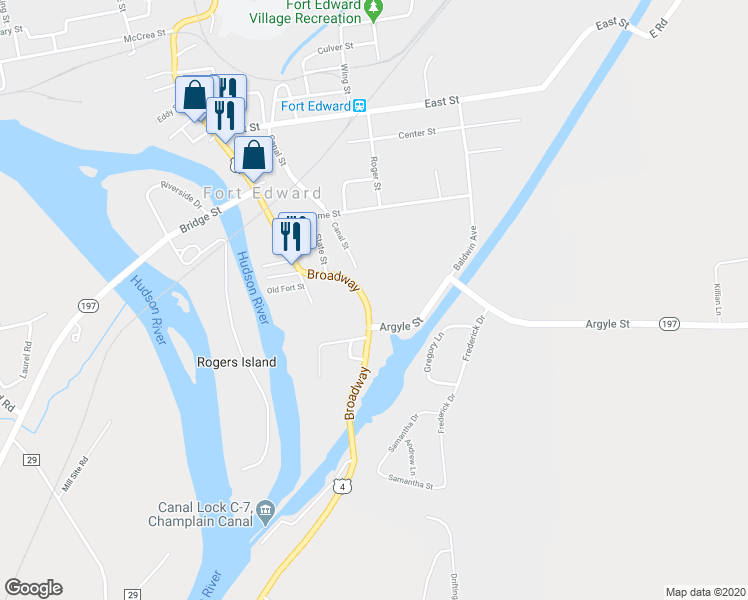 map of restaurants, bars, coffee shops, grocery stores, and more near 118 Broadway in Fort Edward