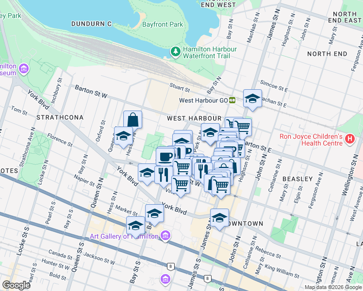 map of restaurants, bars, coffee shops, grocery stores, and more near in Hamilton