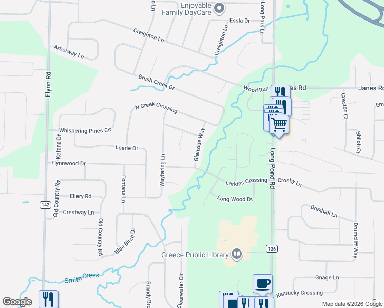 map of restaurants, bars, coffee shops, grocery stores, and more near 11 Glenside Way in Rochester