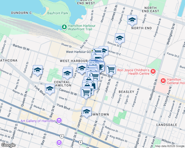 map of restaurants, bars, coffee shops, grocery stores, and more near in Hamilton