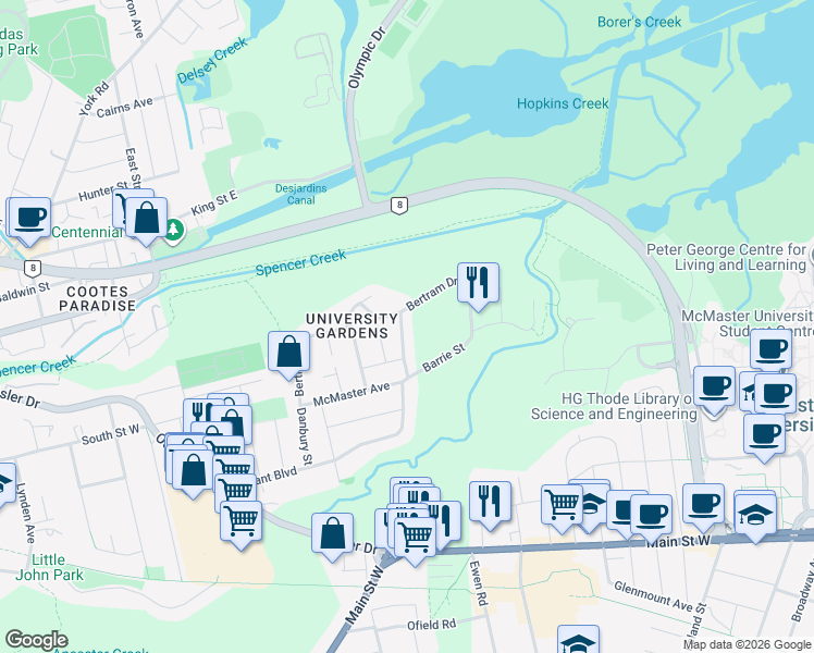 map of restaurants, bars, coffee shops, grocery stores, and more near 20 Shirley Street in Hamilton