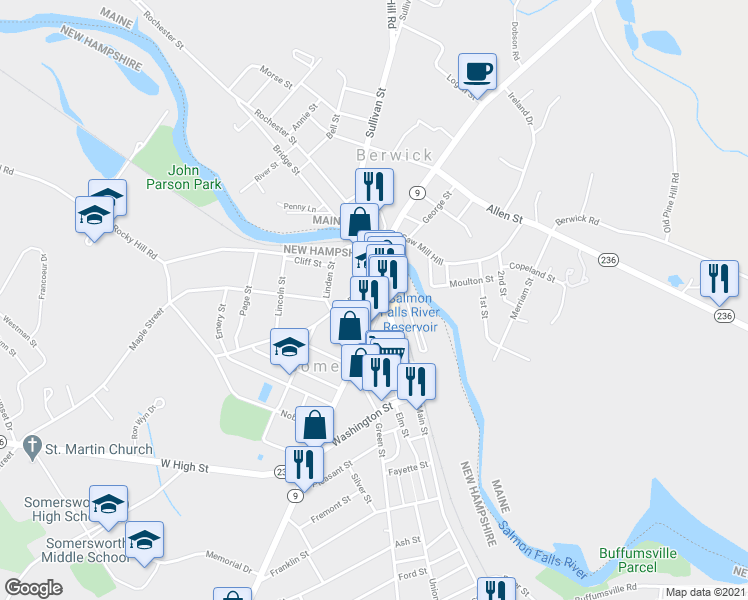 map of restaurants, bars, coffee shops, grocery stores, and more near 1 Beacon Street in Somersworth