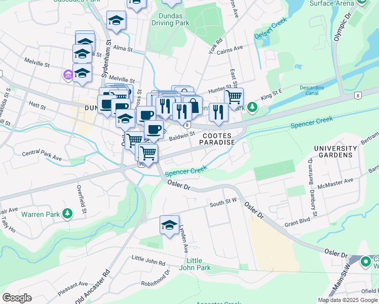 map of restaurants, bars, coffee shops, grocery stores, and more near 42 Dundas Street in Hamilton