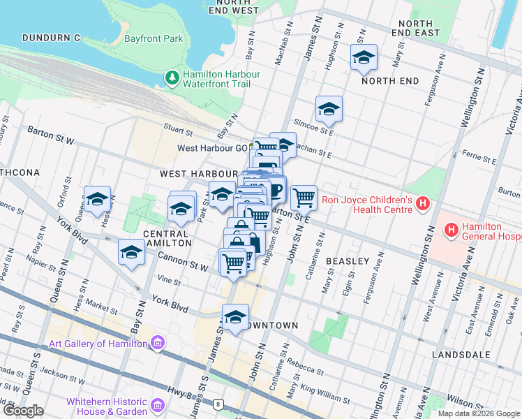 map of restaurants, bars, coffee shops, grocery stores, and more near 298 James Street North in Hamilton